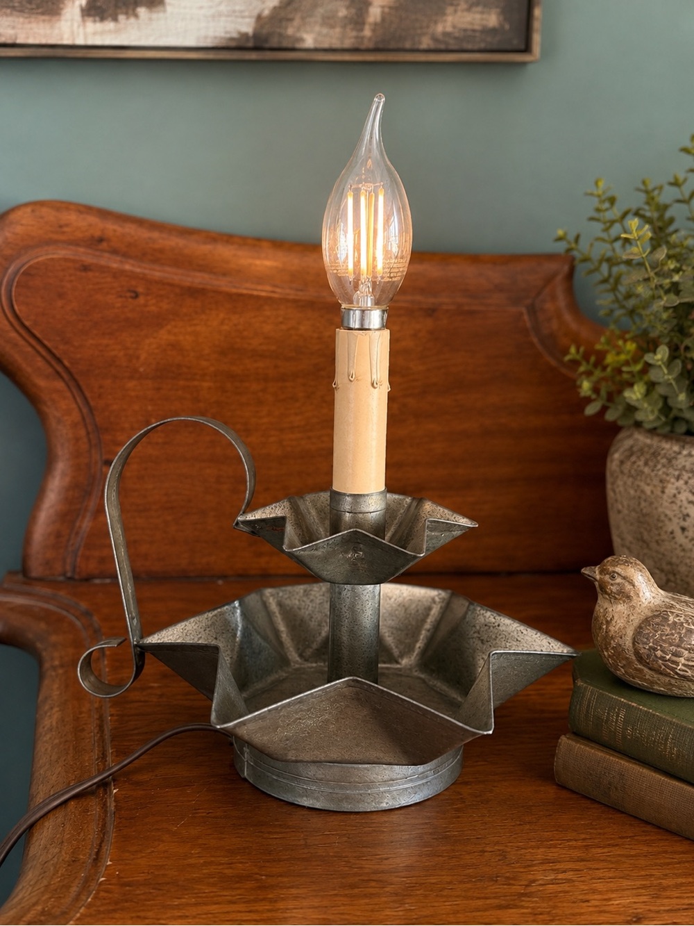 Primitive Pewter-Tone Two-Tier Candle-Style Table Lamp